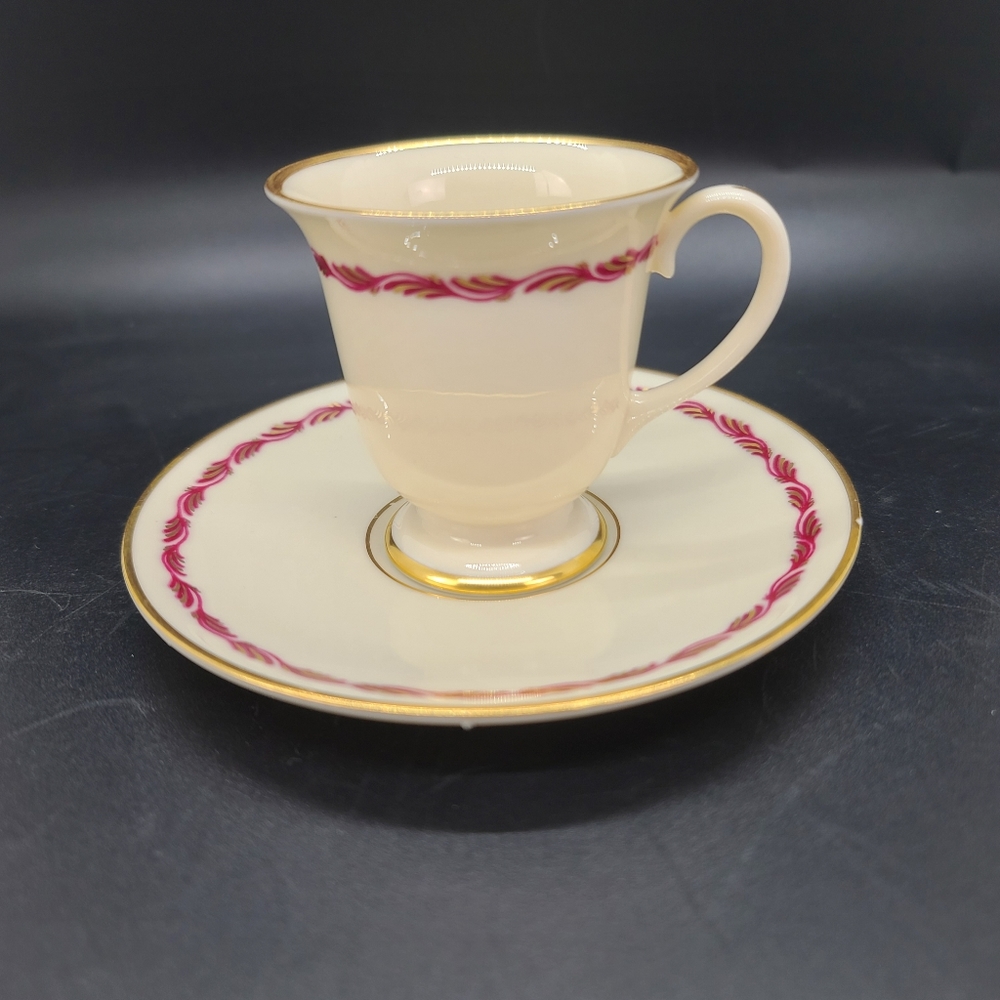 Arcadia Maroon. Footed Demitasse  Cup & Saucer Set.